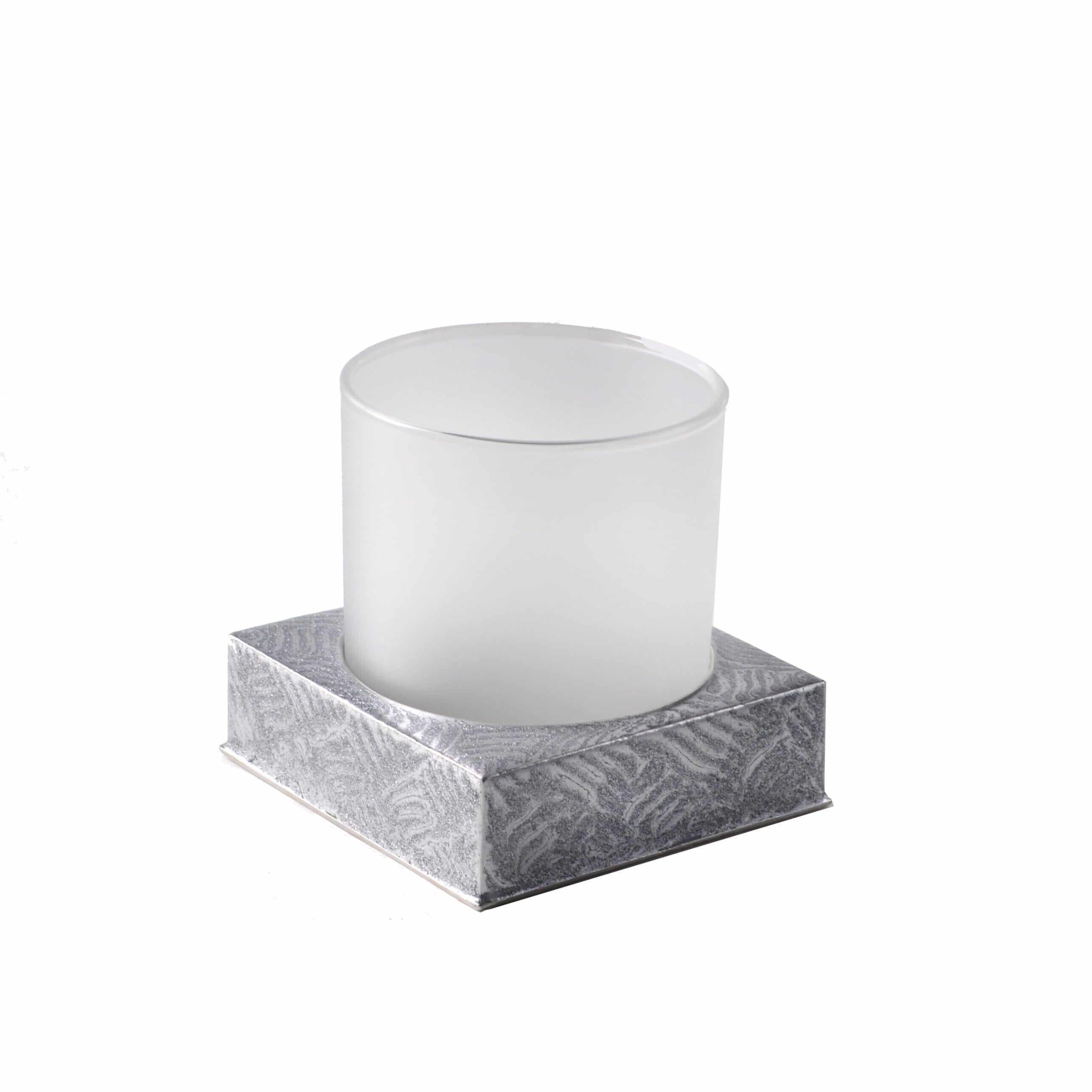 Tilly square tumbler hand enameled in silver metallic basketweave pattern