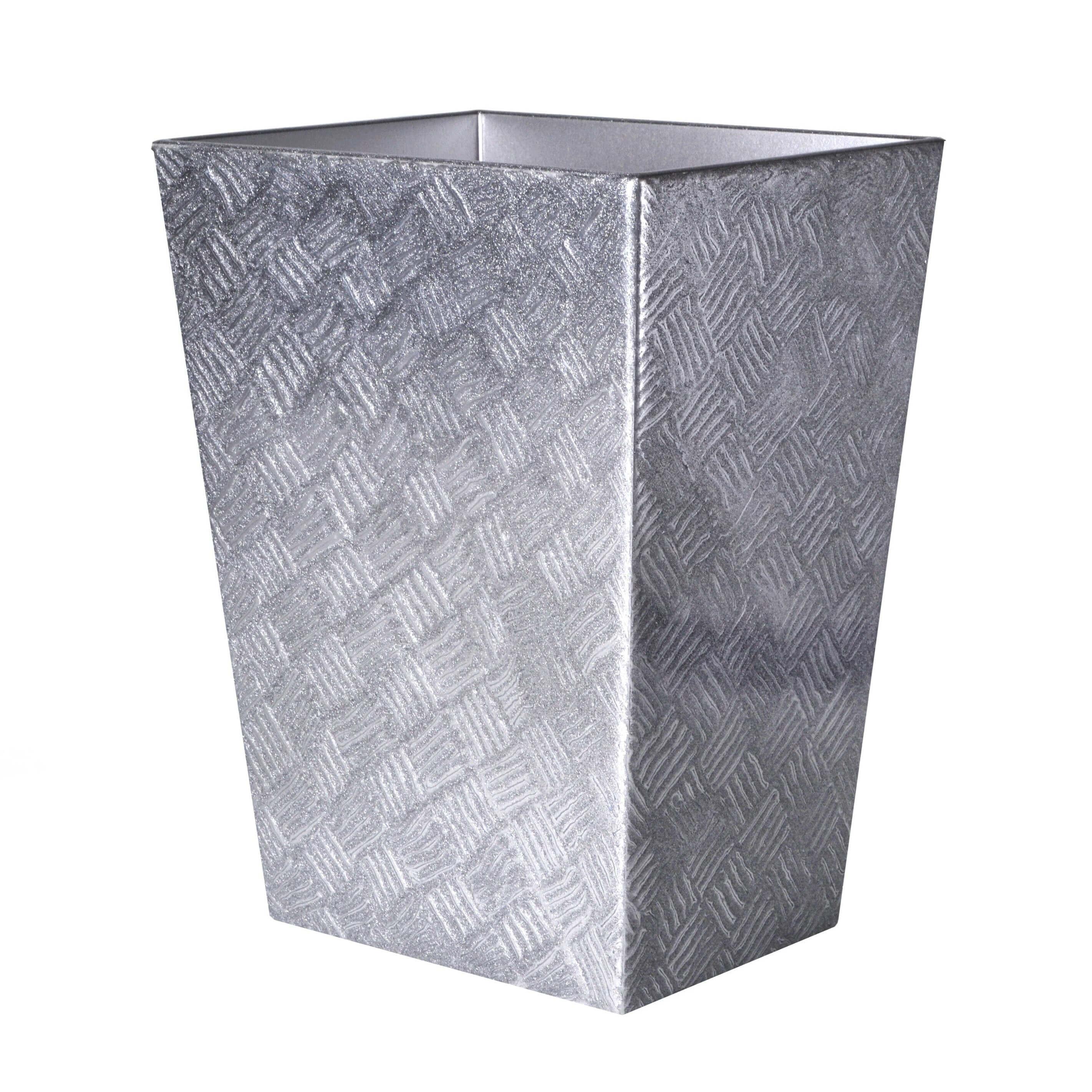 Tilly wastebasket hand enameled in silver metallic basketweave pattern