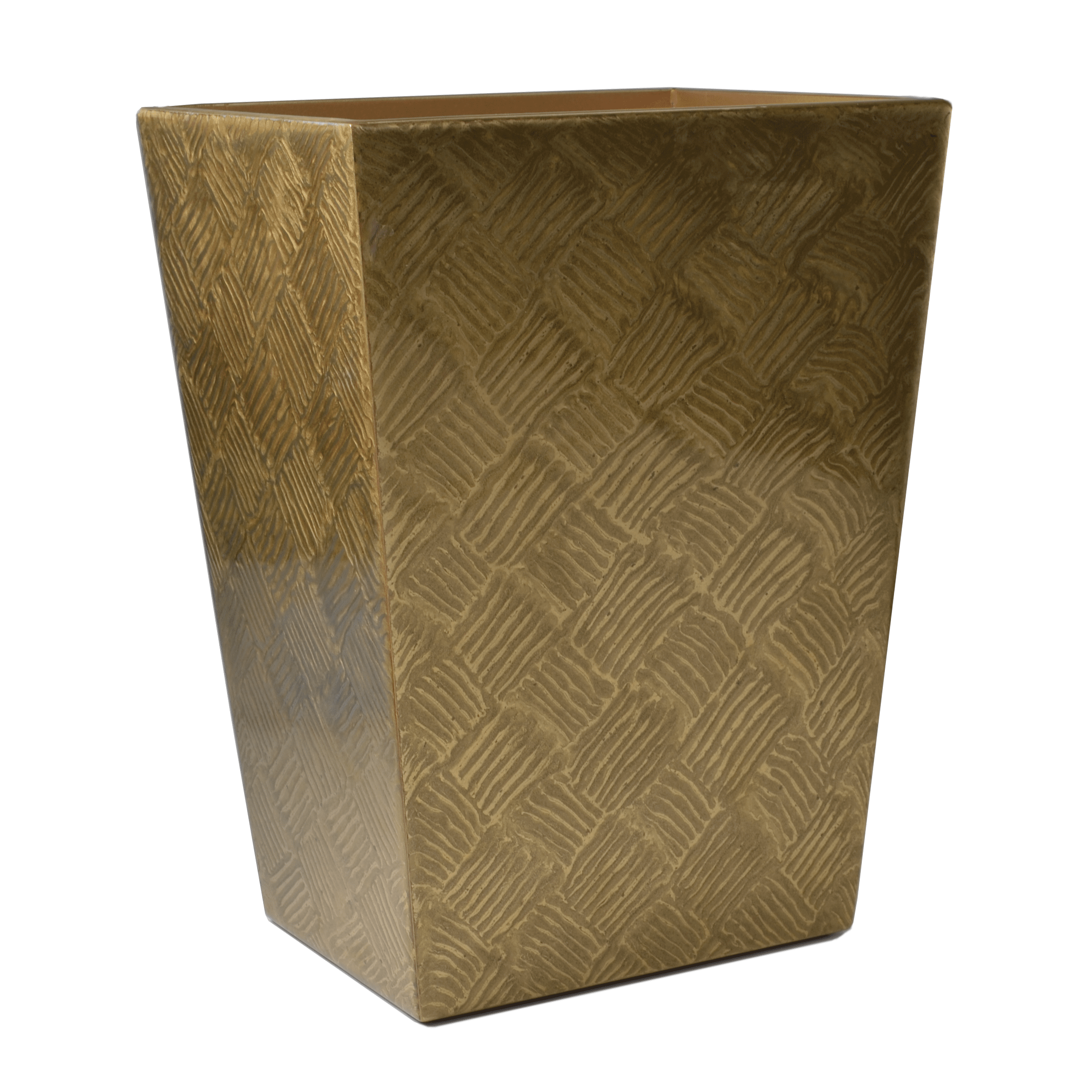 Tilly wastebasket hand enameled in gold metallic basketweave pattern