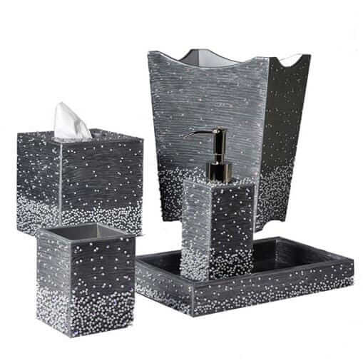 Charcoal grey bath accessories sprinkled on all sides with tiny white pearls