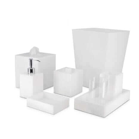 Minimal and modern bath accessories hand built from solid white Lucite