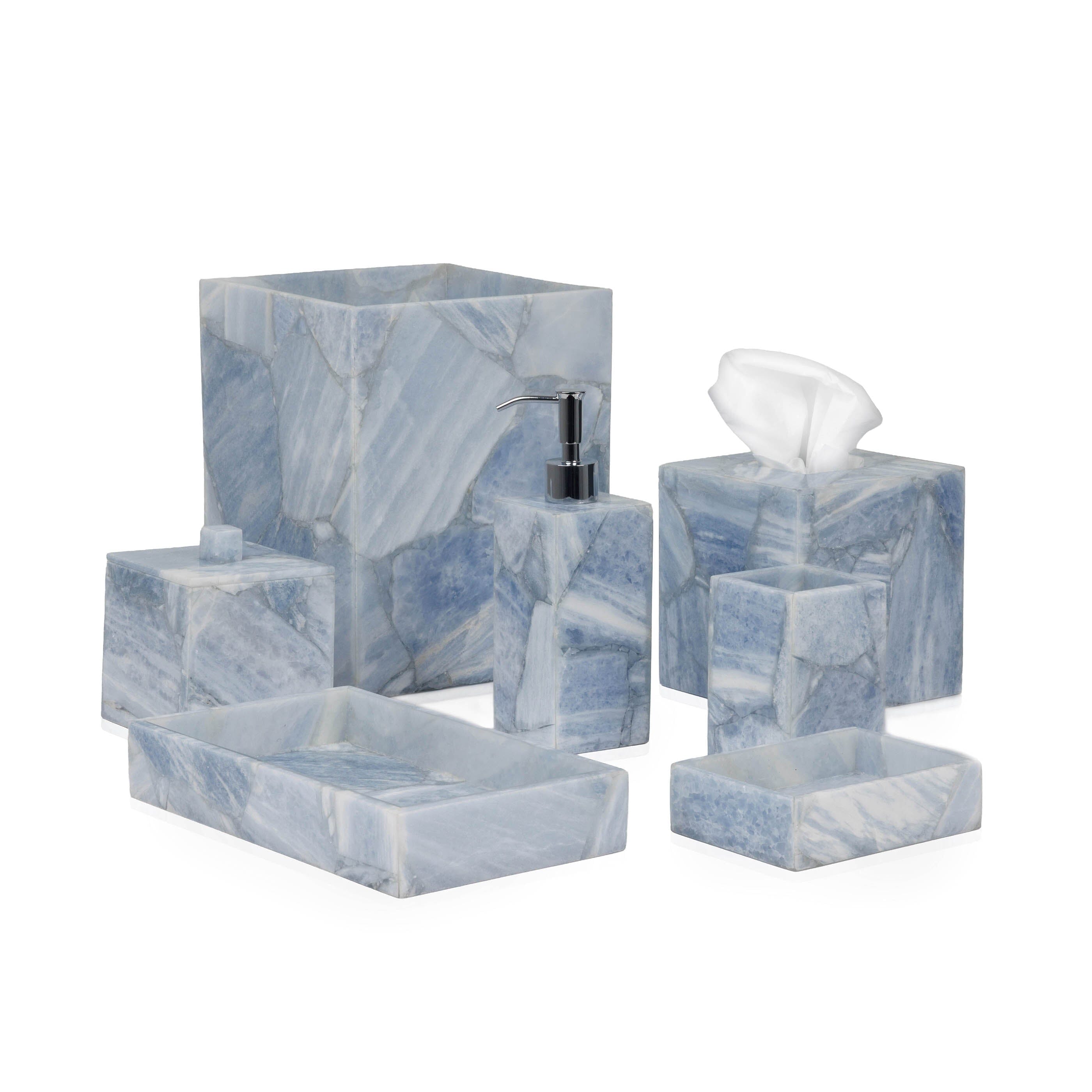 a blue and grey gemstone bath set