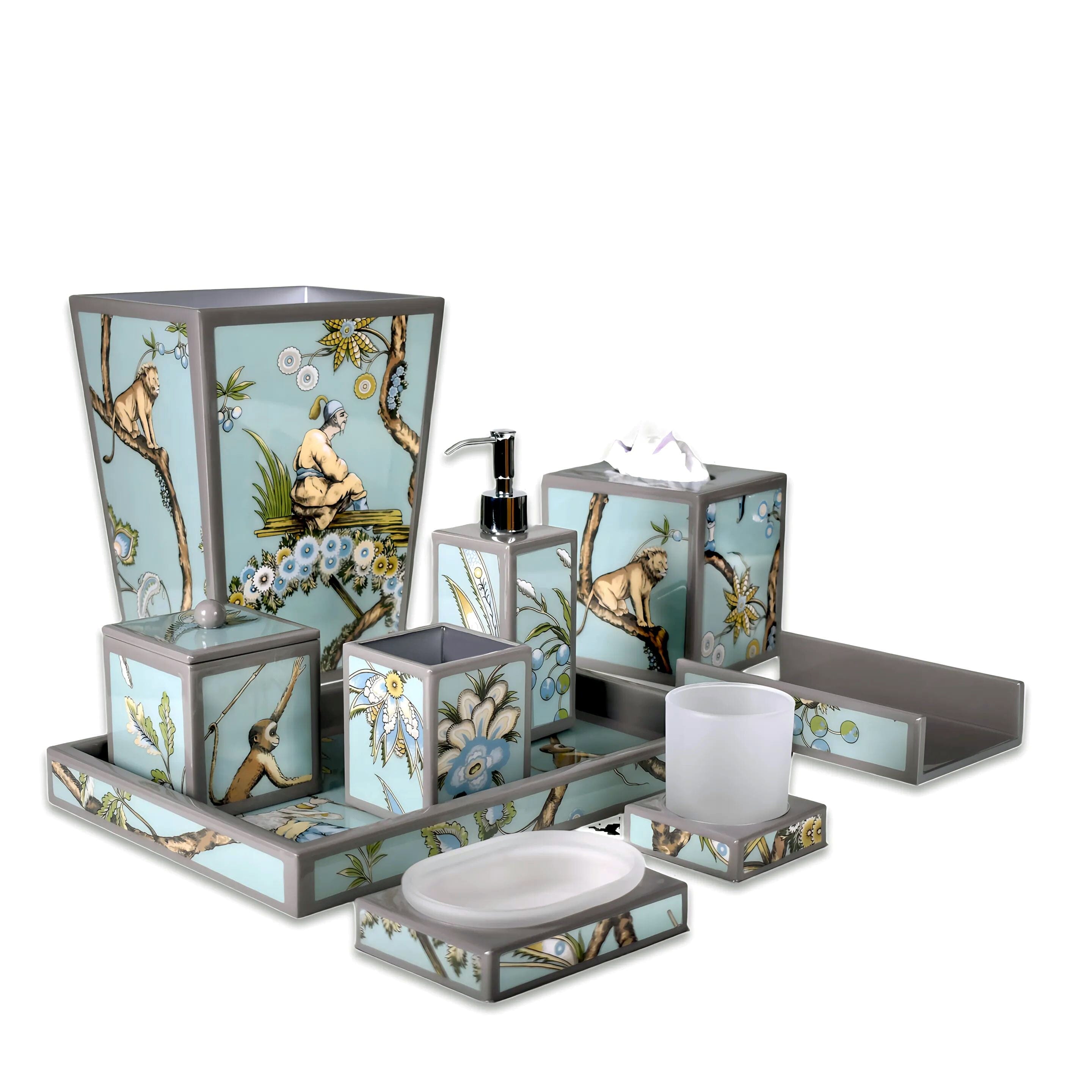 Exotic hunting scene pattern on Robins egg blue