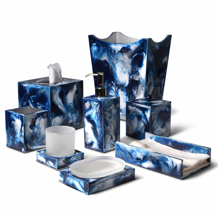 Luxury bath accessories hand made by local artisans using a melange of blue water colors