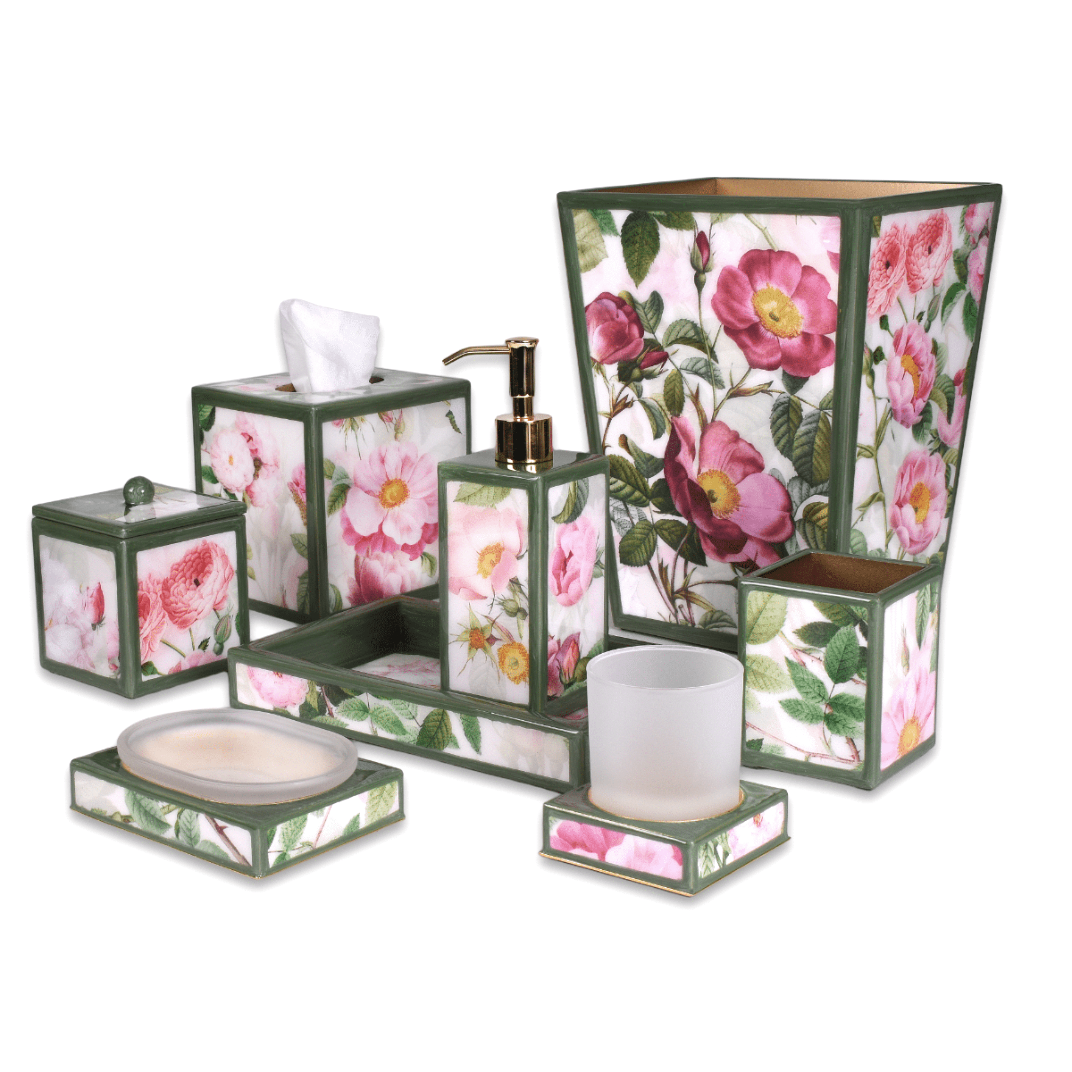 Botanical graphics on bathroom accessories