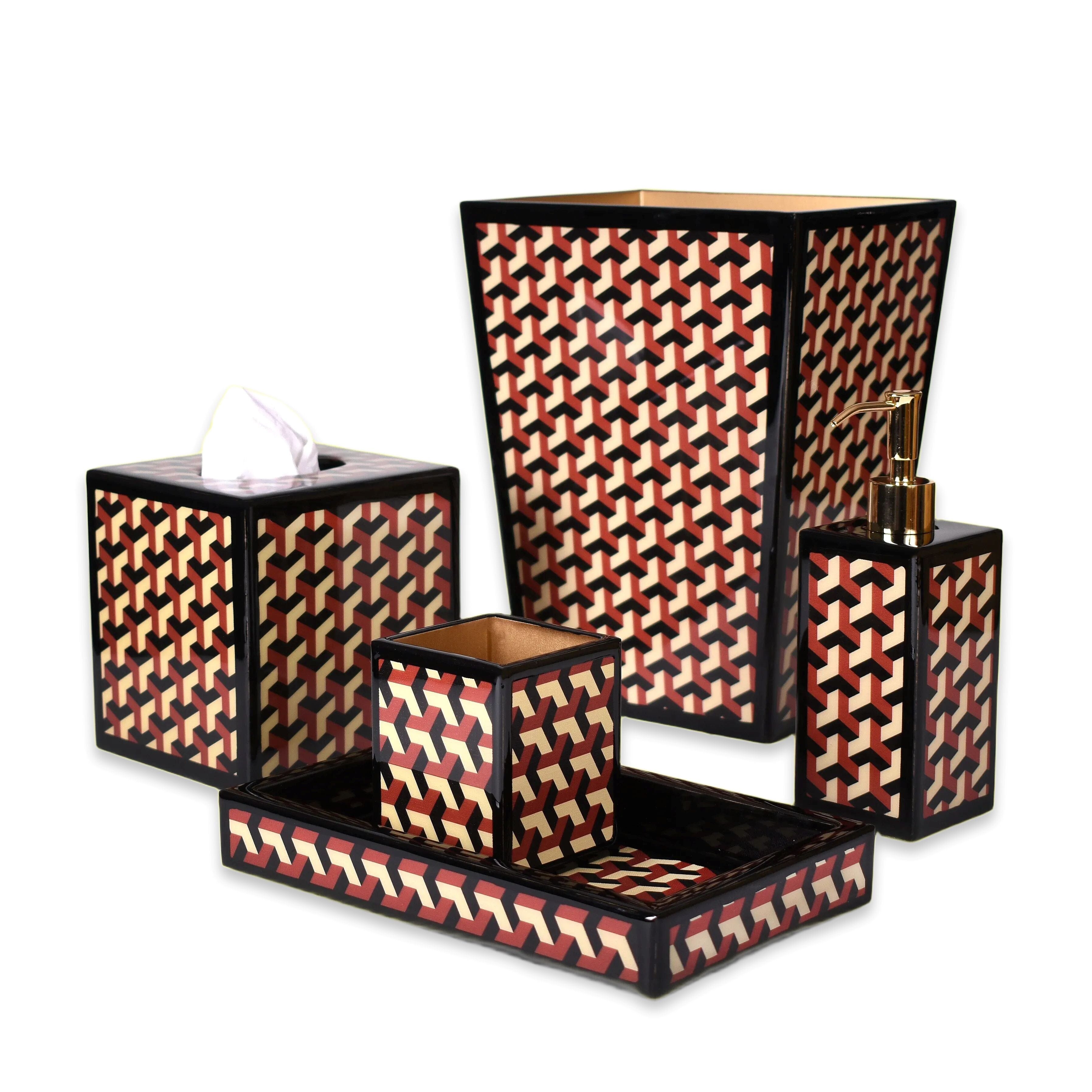 graphic repeating design on bath accessories set