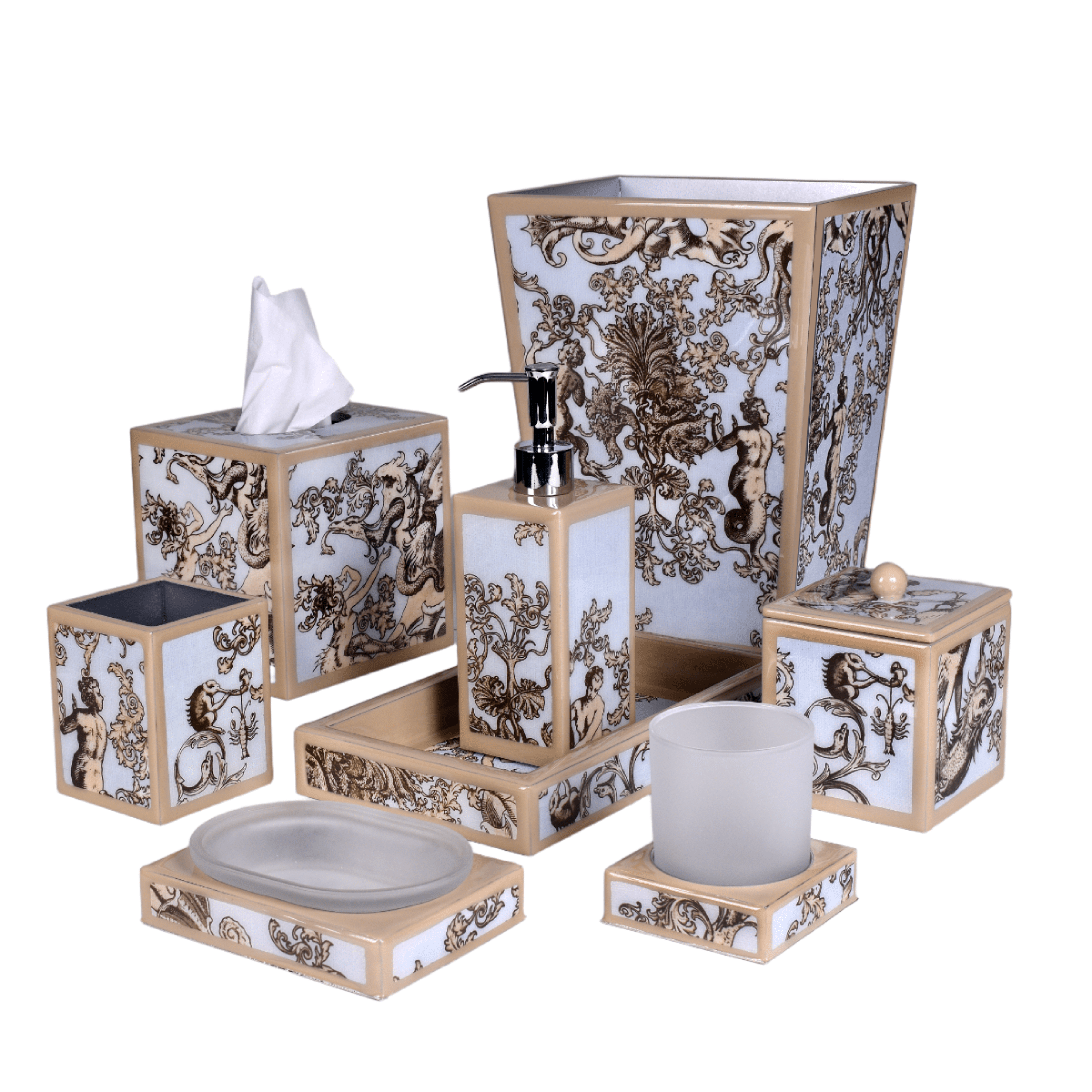 A bath accessory set filled with fantastical ocean characters in a world of fluid movement and vivid detail. 