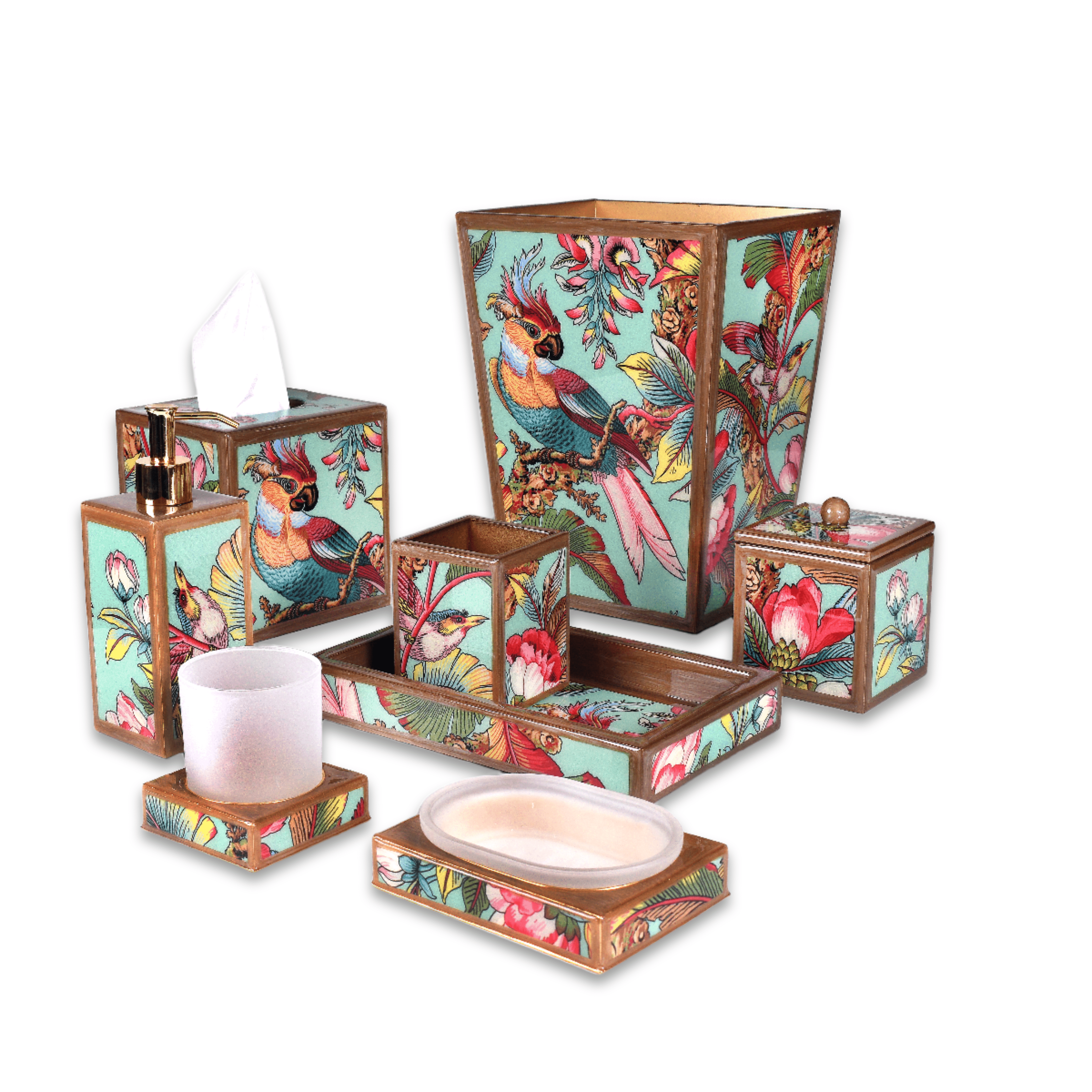 Bath Accessories with colorful jungle pattern