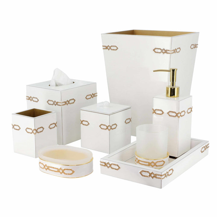 Pearl white bath accessory set embellished with gold Swarovski corner emblems.