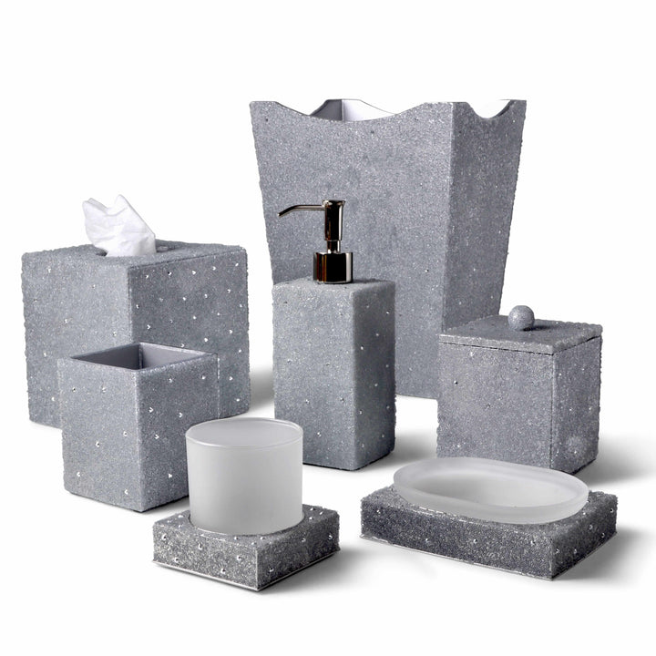 Bath accessories swathed in silver mini spheres and random crystals.