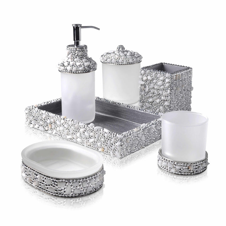 A full set of bath accessories hand set with semi precious white quartz stones and clear crystals. 