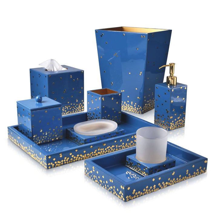 An animated bath collection made with gold plated metal ornaments.  Hand enameled in thistle blue.