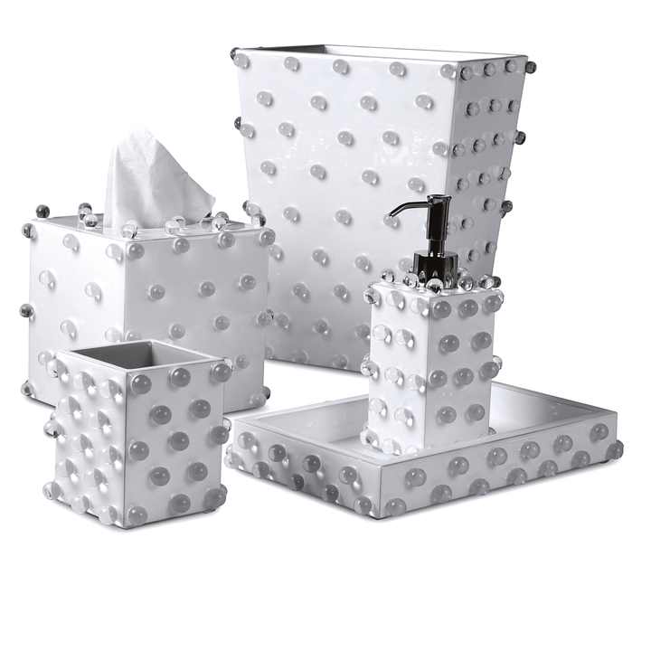 Unique and chic white bath accessory set embellised with Lucite spheres