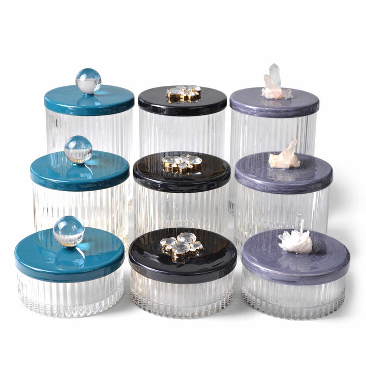 Glass jars with decorative tops; crystal, lucite and gemstone