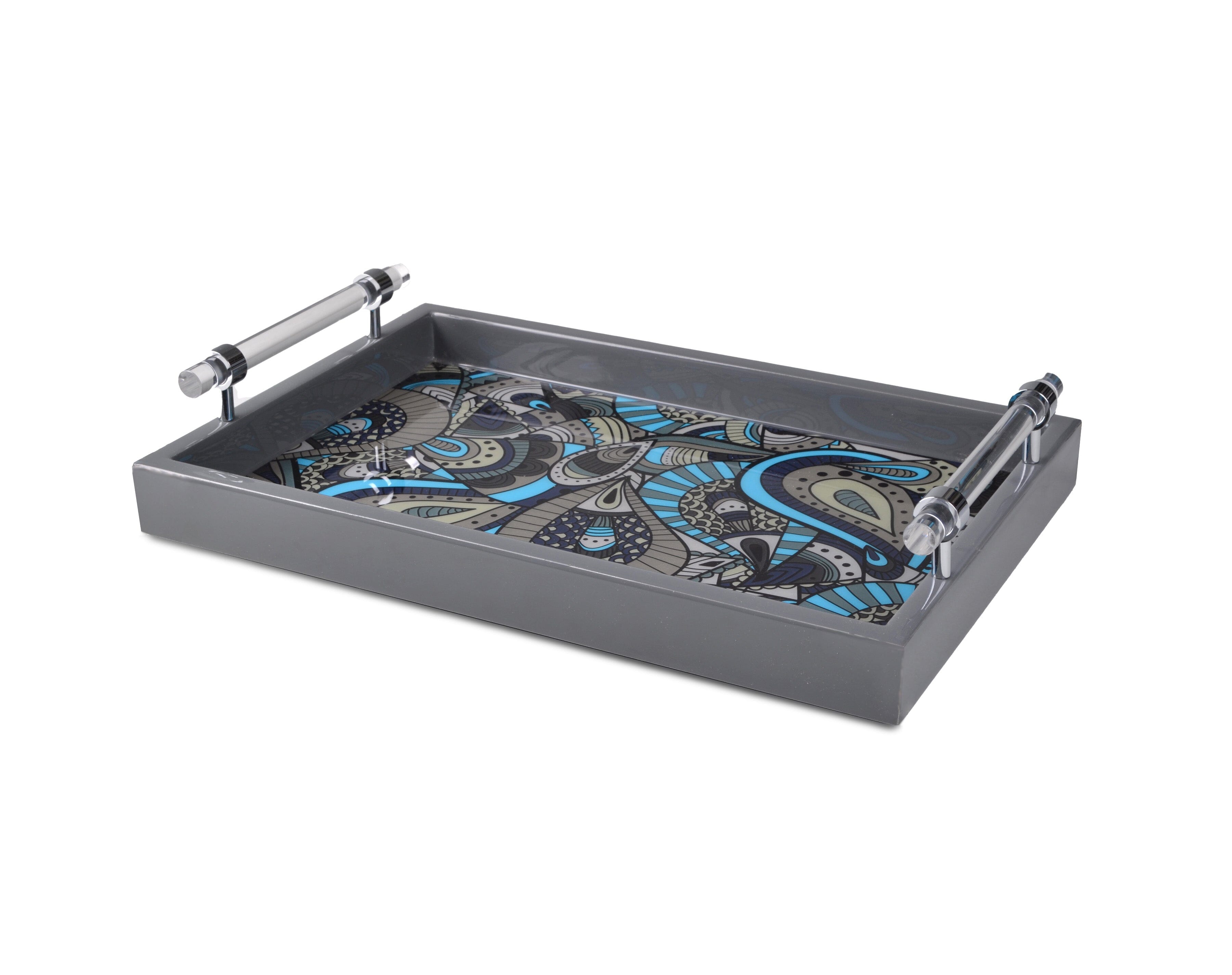 Grey tray with paisley print and Lucite handles.