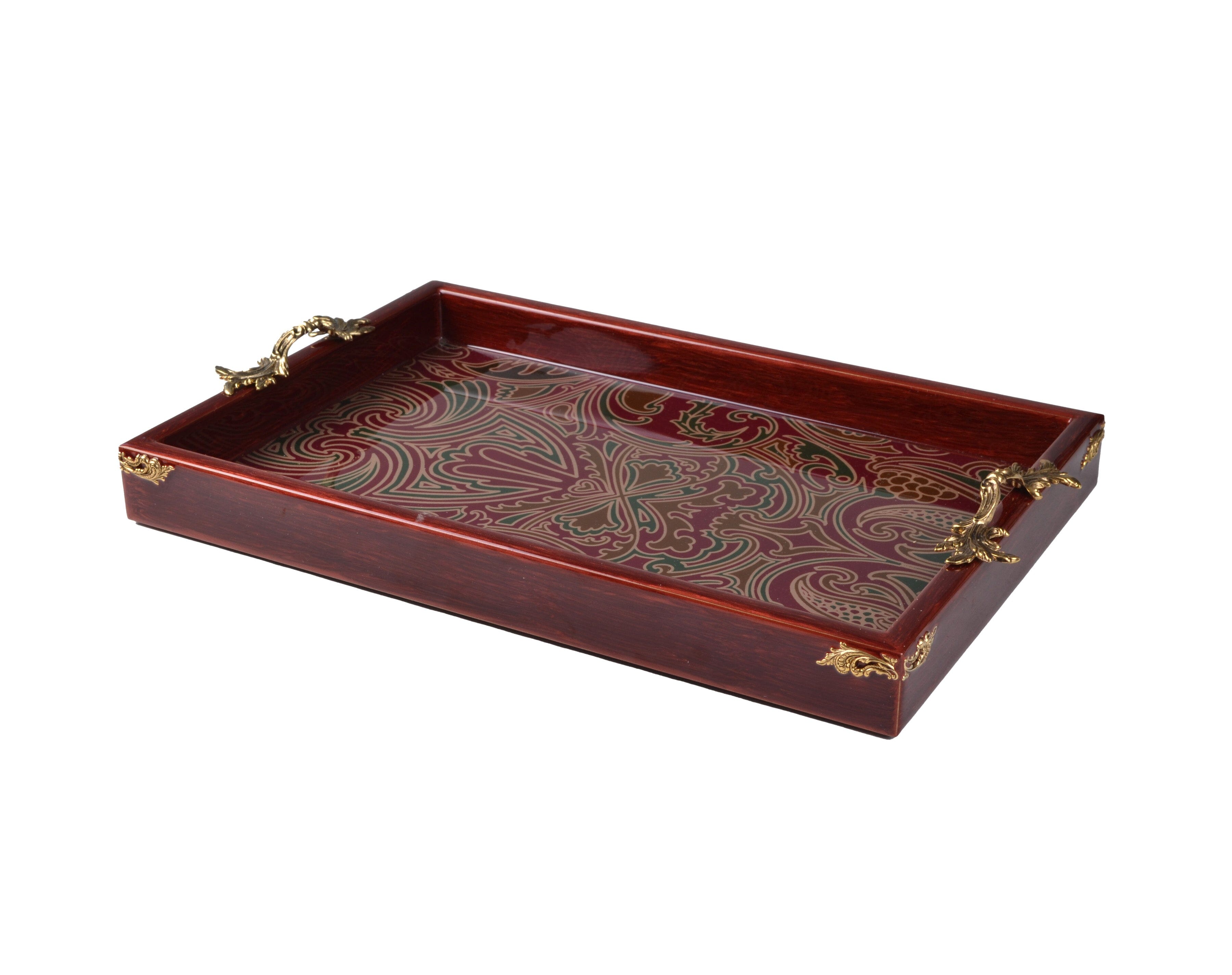 Cinnabar color tray with antique handles
