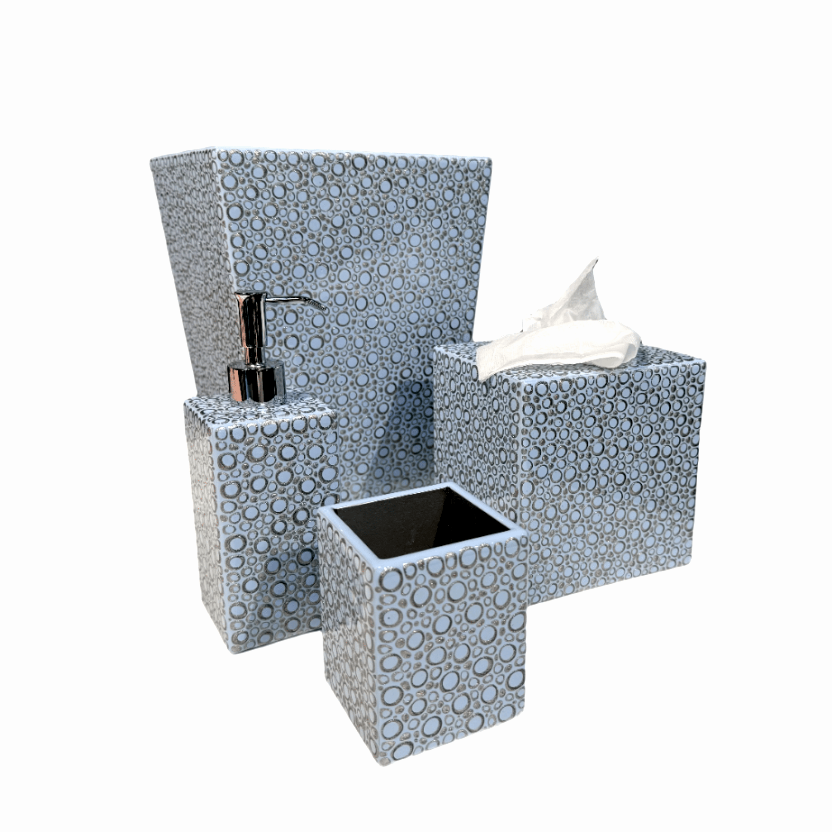 Bathroom accessory set with dot patterned .