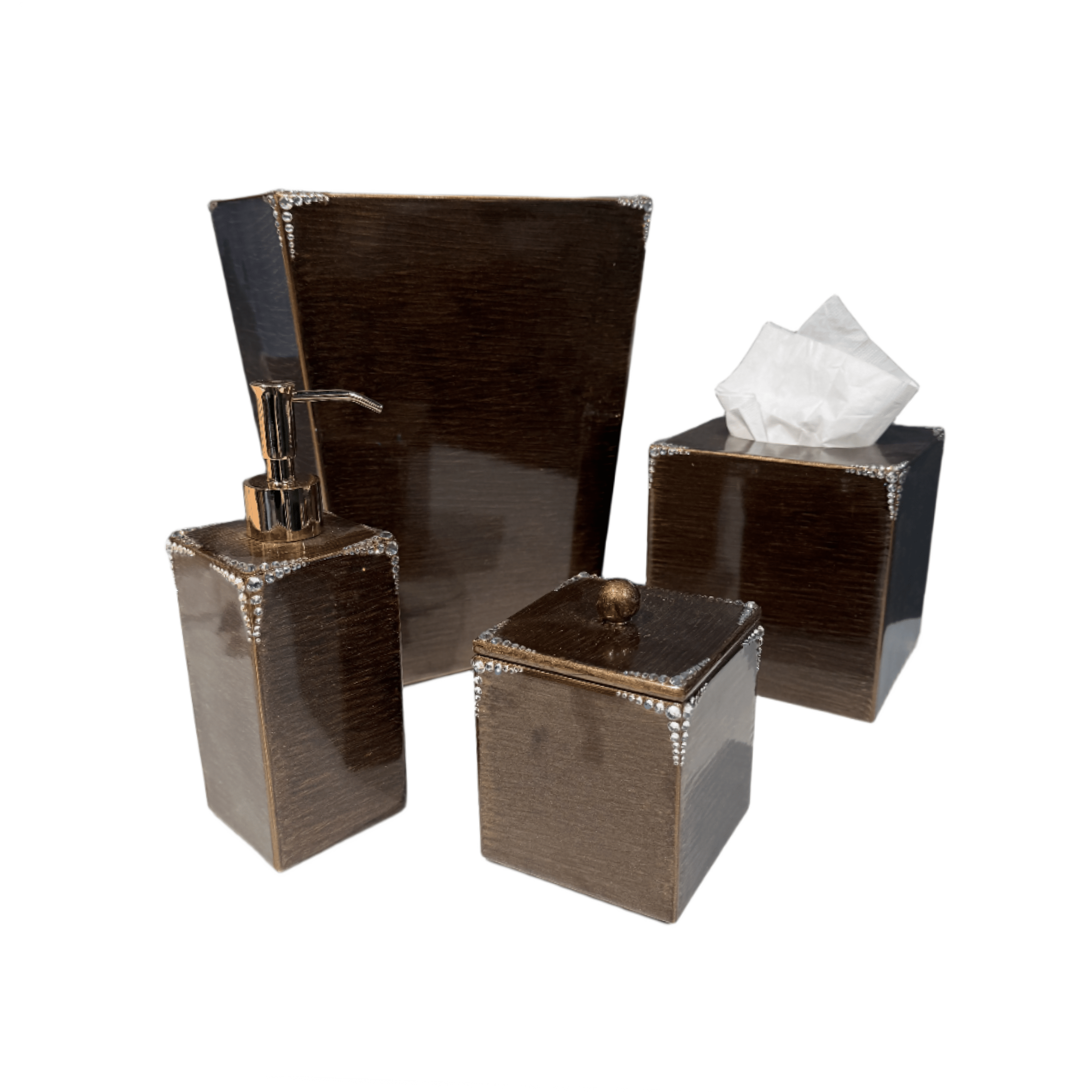 Subtle accents of crystals on bronze bath accessories.