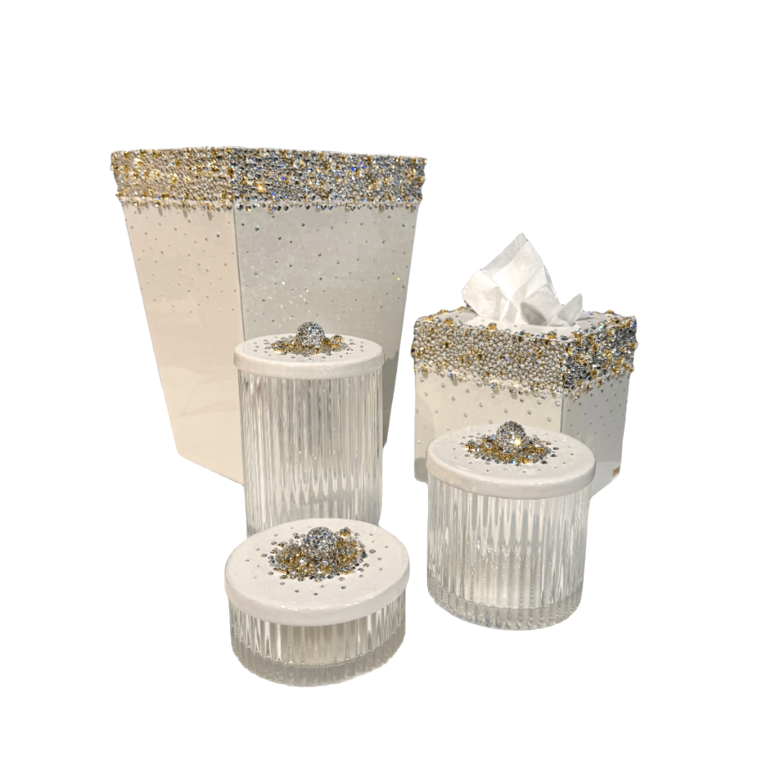 Set of decorative containers and bath accessories with crystal accents 