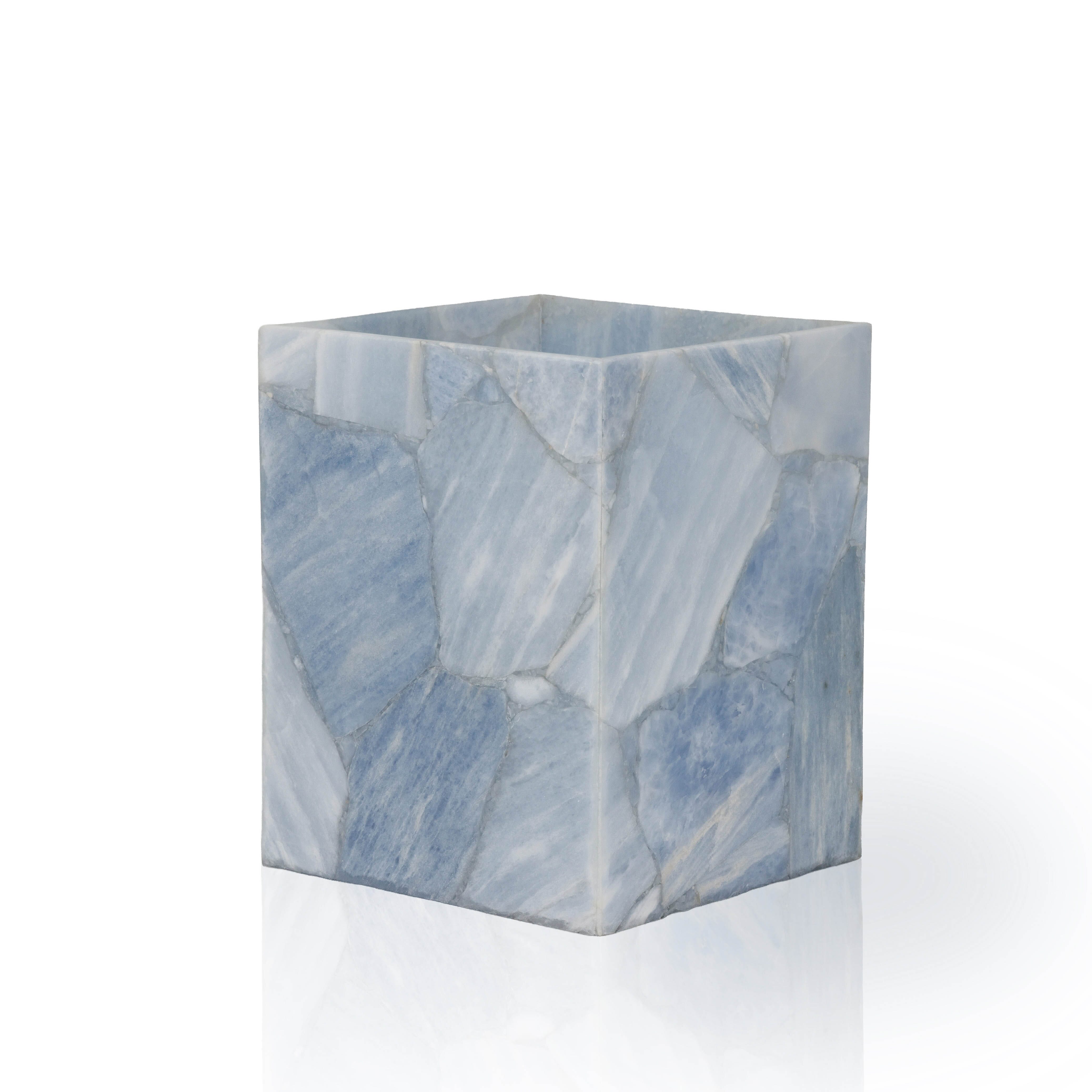 square gemstone wastebasket carved from blue calcite.