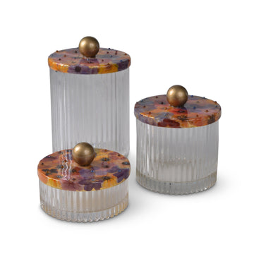 3 size glass vanity jars with wildflower decorated lids