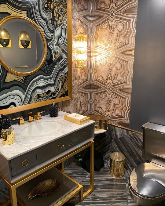 Black and Gold Bathroom interior with Mike + Ally bath accessories