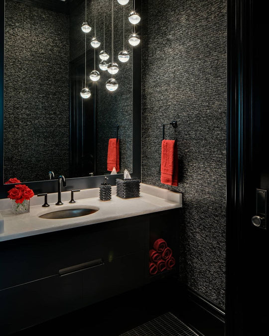 Luxury black bathroom interior with Mike + Ally silver Quill collection