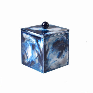 Container with lid hand enameled in blue water color effect.