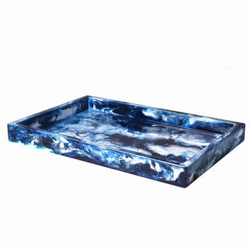 Rectangular tray hand enameled in blue water color effect.