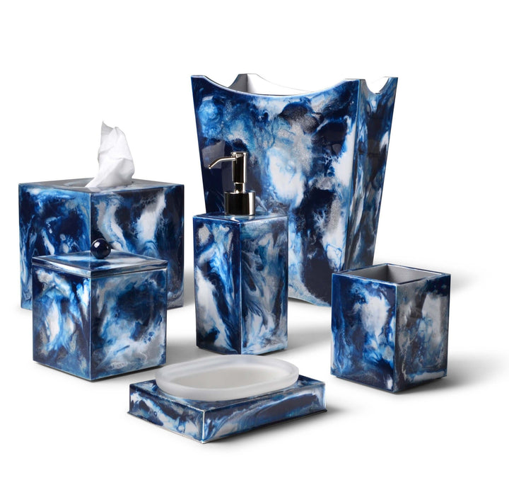  The Elan collection hand enameled in a cluster of blue and white water colors. A stuning accent piece for the luxury bathroom suite.
