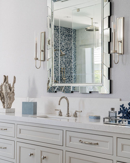 Contemporary white bathroom interior with Mike + Ally blue tissue boutique and soap dish