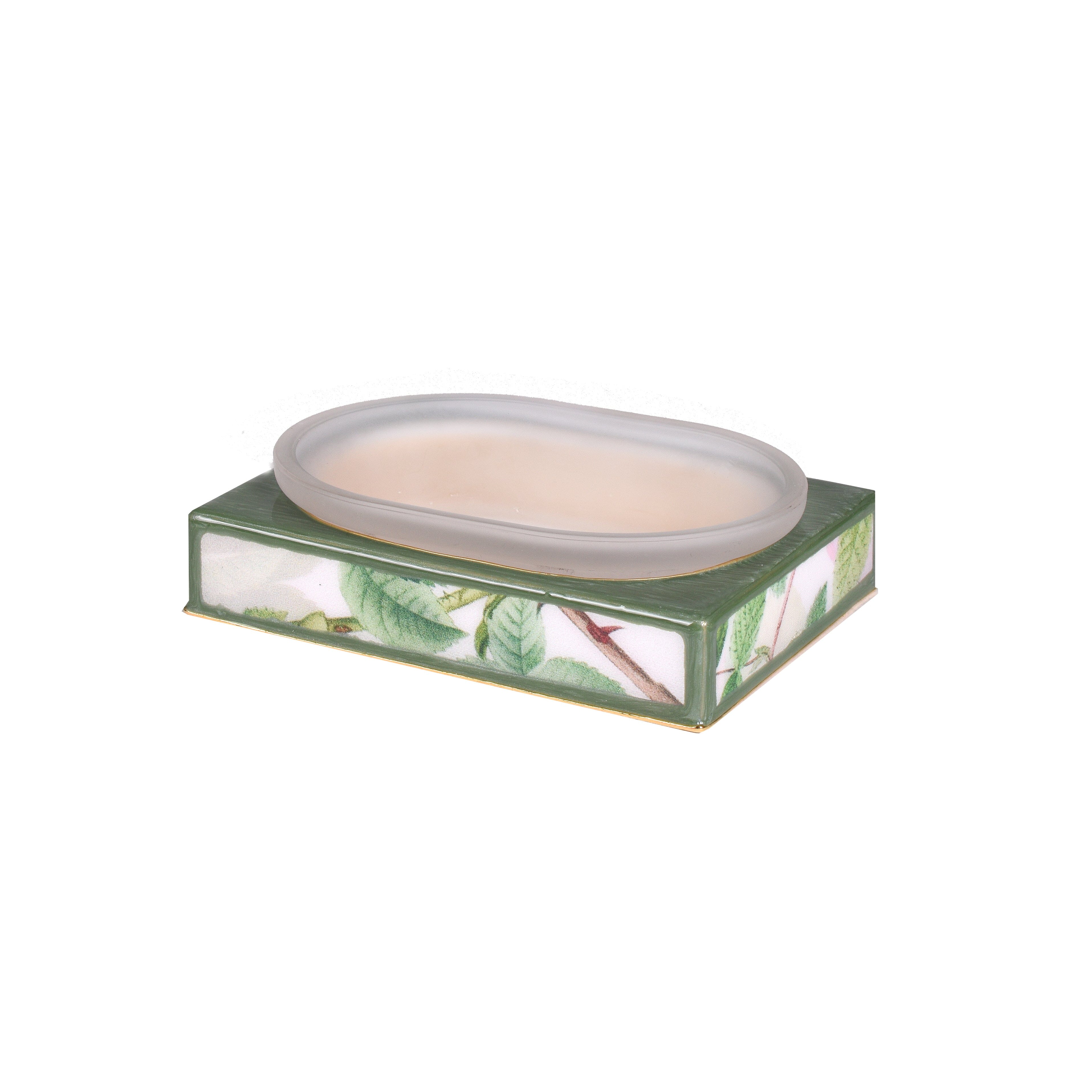 rectangular glass soap dish with botanical pattern