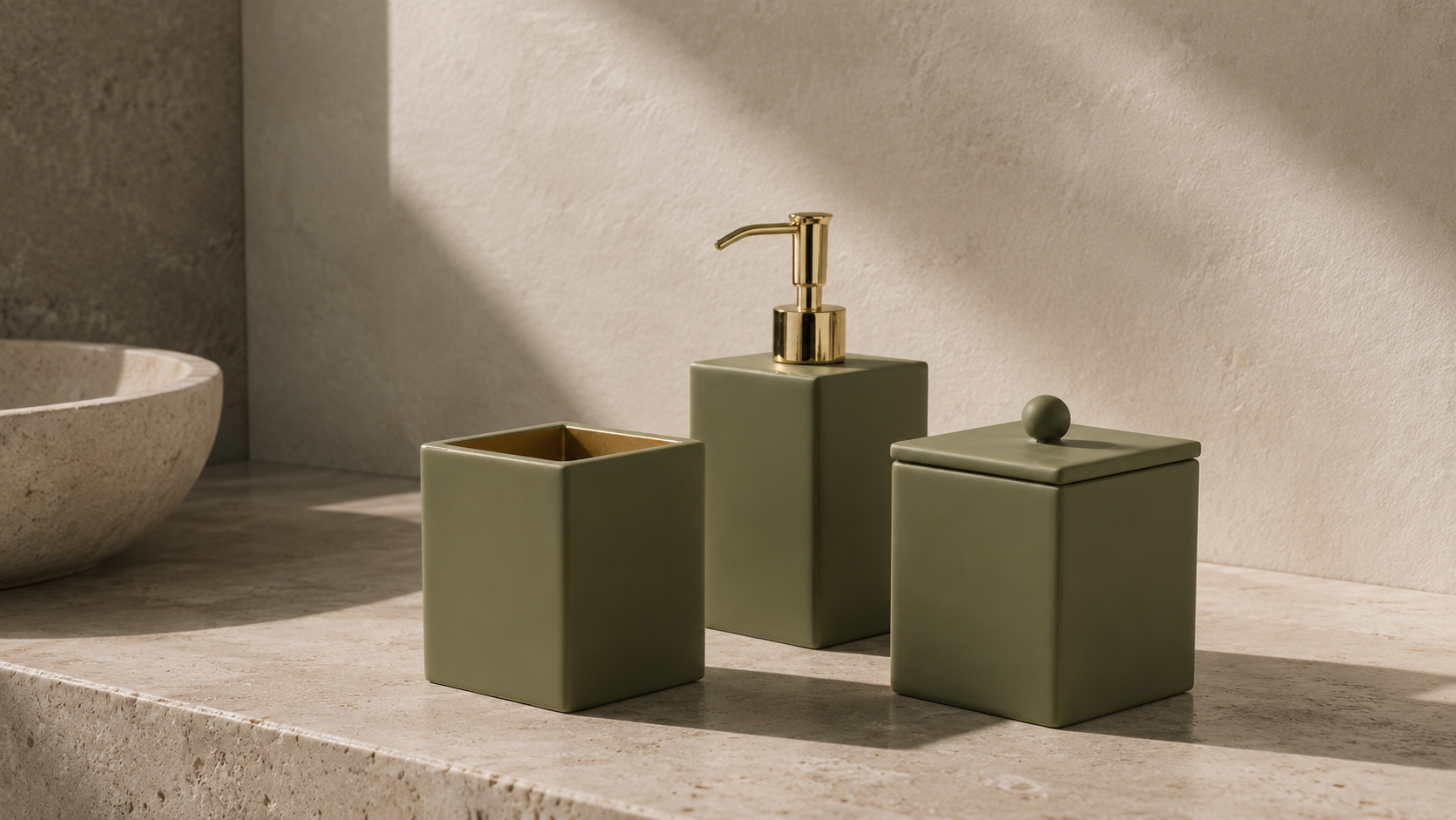 Three Honed Moss Pieces with gold trim by Mike and Ally.