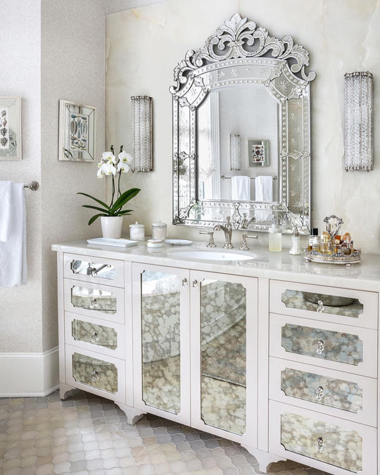 Ornate bathroom interior with Mike + Ally luxury bath accessories