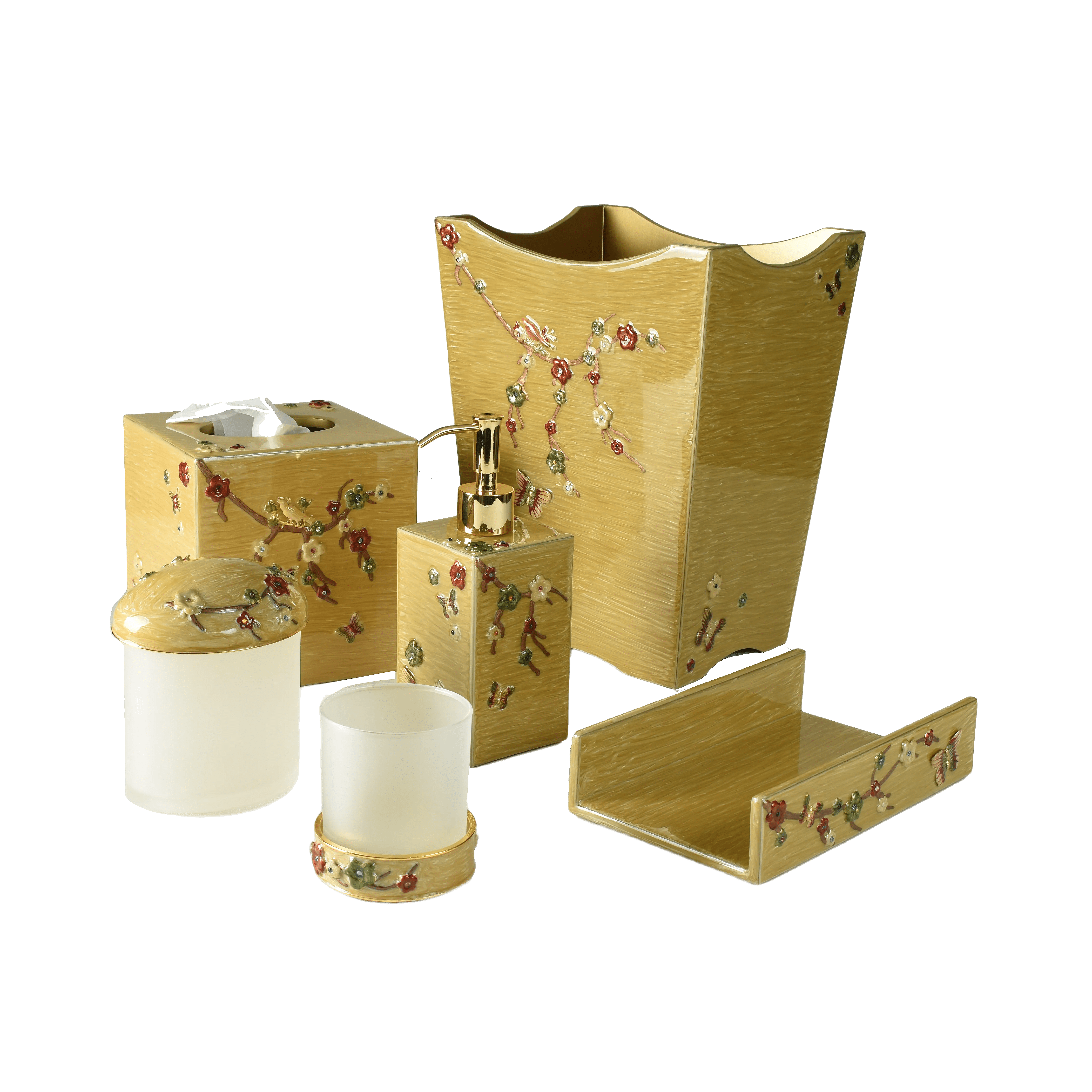 Bath set adorned with hand enamel leaves and branches
