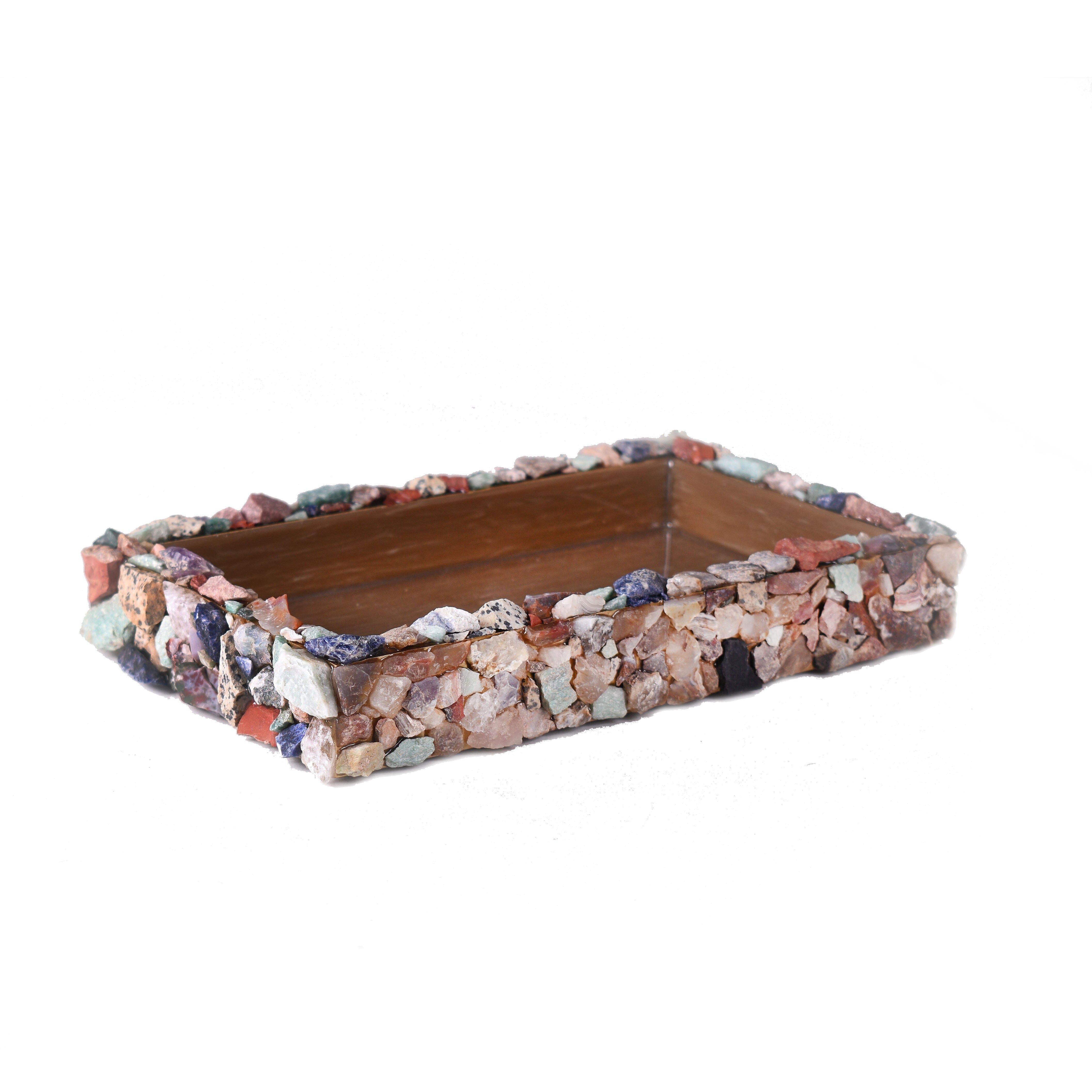 rectangular tray with unpolished gemstones embellished on all sides