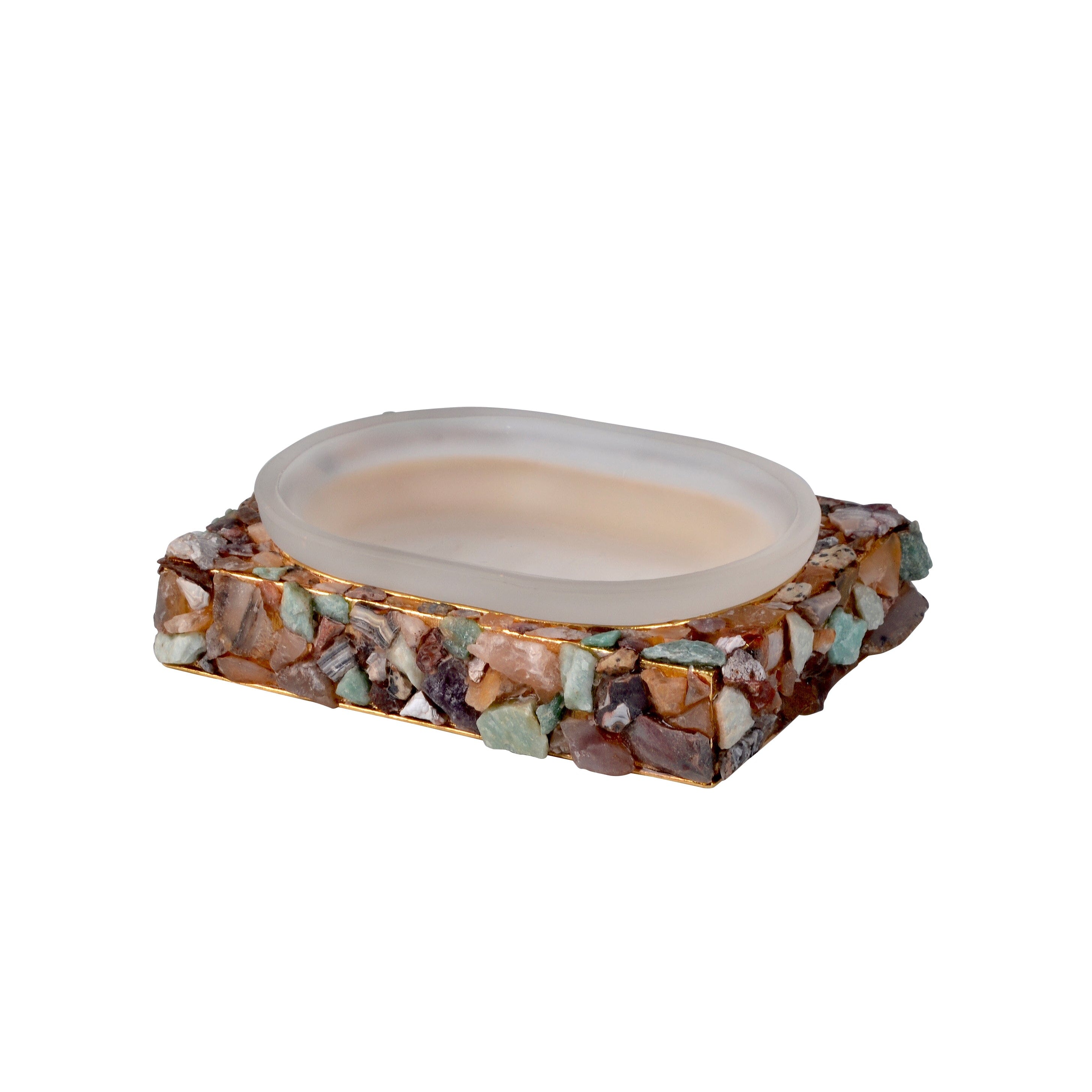 Square glass soap dish embellished with assorted, unpolished gemstones.