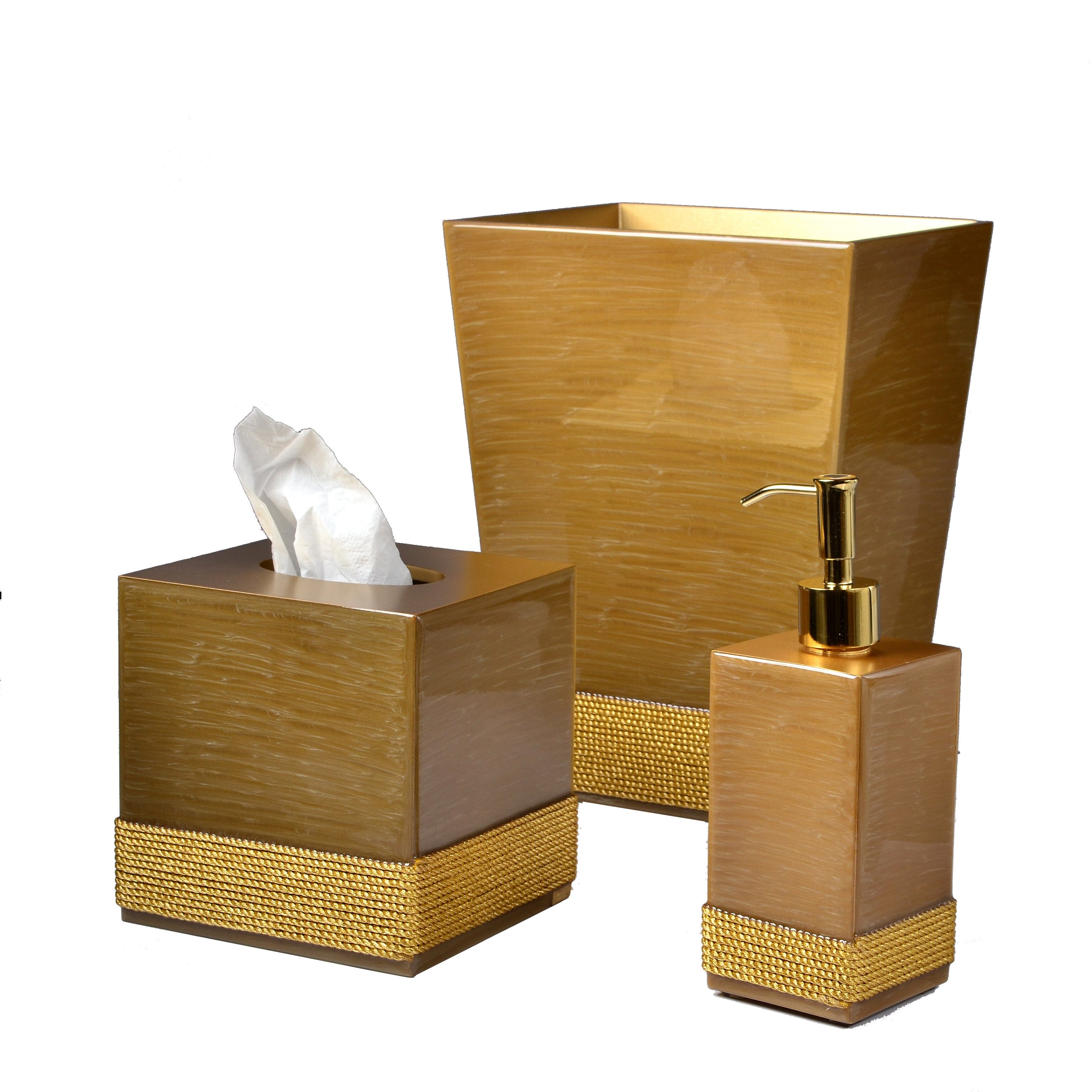 Cocoa/gold bath set wrapped on the base with gold cord.