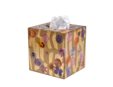 Square tissue box embellished with wildflowers on gold