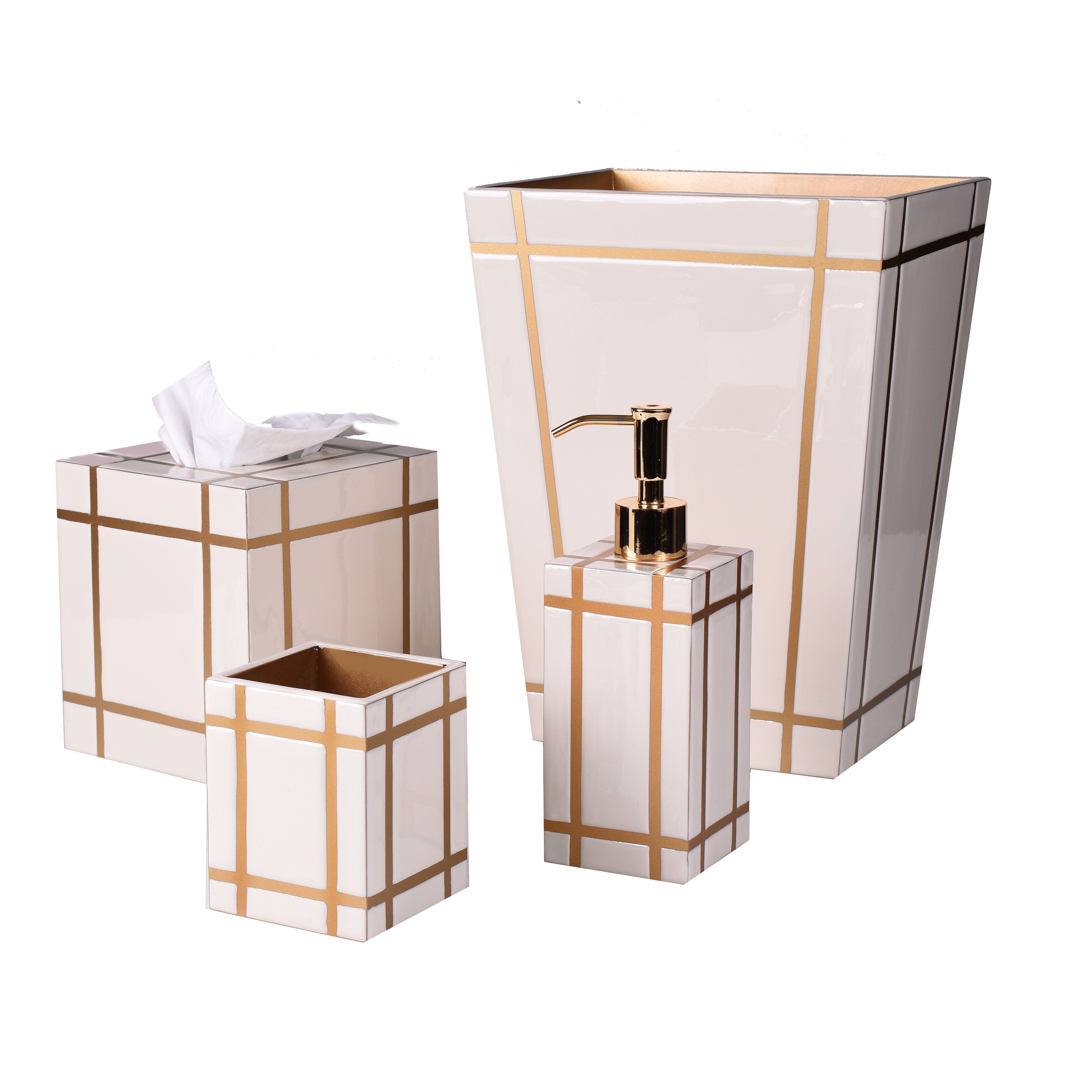 gold intersecting lines on enameled ecru bath set.