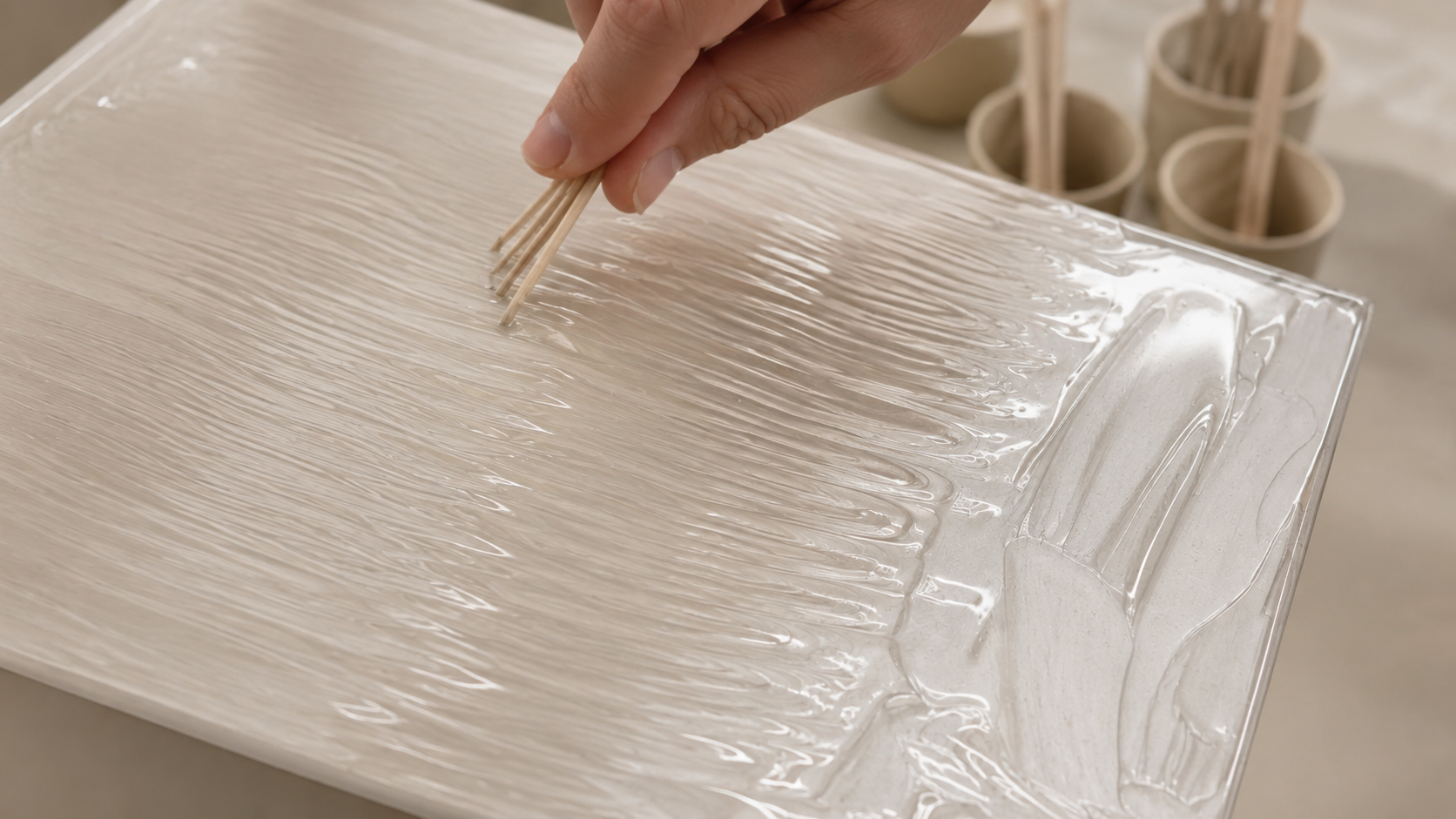 A close-up of a hand using wooden sticks to spread a clear, glossy adhesive or resin coating over a rectangular tray, with small cups of wooden sticks in the background.