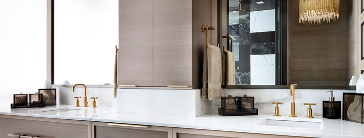 Beige bathroom interior with contemporary Mike + Ally smoke lucite bath accessories