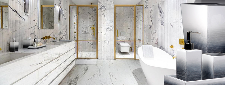 White marble bathroom with Mike + Ally grey Ombre collection