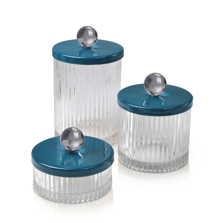 A set of three glass fluted jars with your choice of hand enameled lids accented with a lucite sphere.  Perfect for Q tps, cotton balls, earrings.