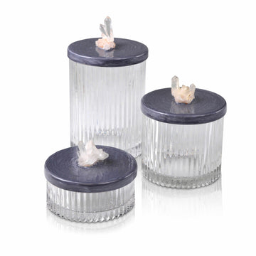 Glass jars with hand enameled lids embellished with clear quartz gemstones