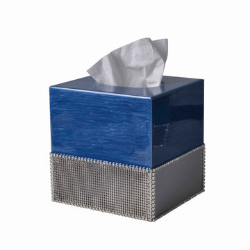 Mack square tissue boutique hand enameled in French blue with Whiting + Davis silver metal mesh