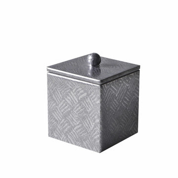 Tilly square container with lid hand enameled in silver metallic basketweave pattern