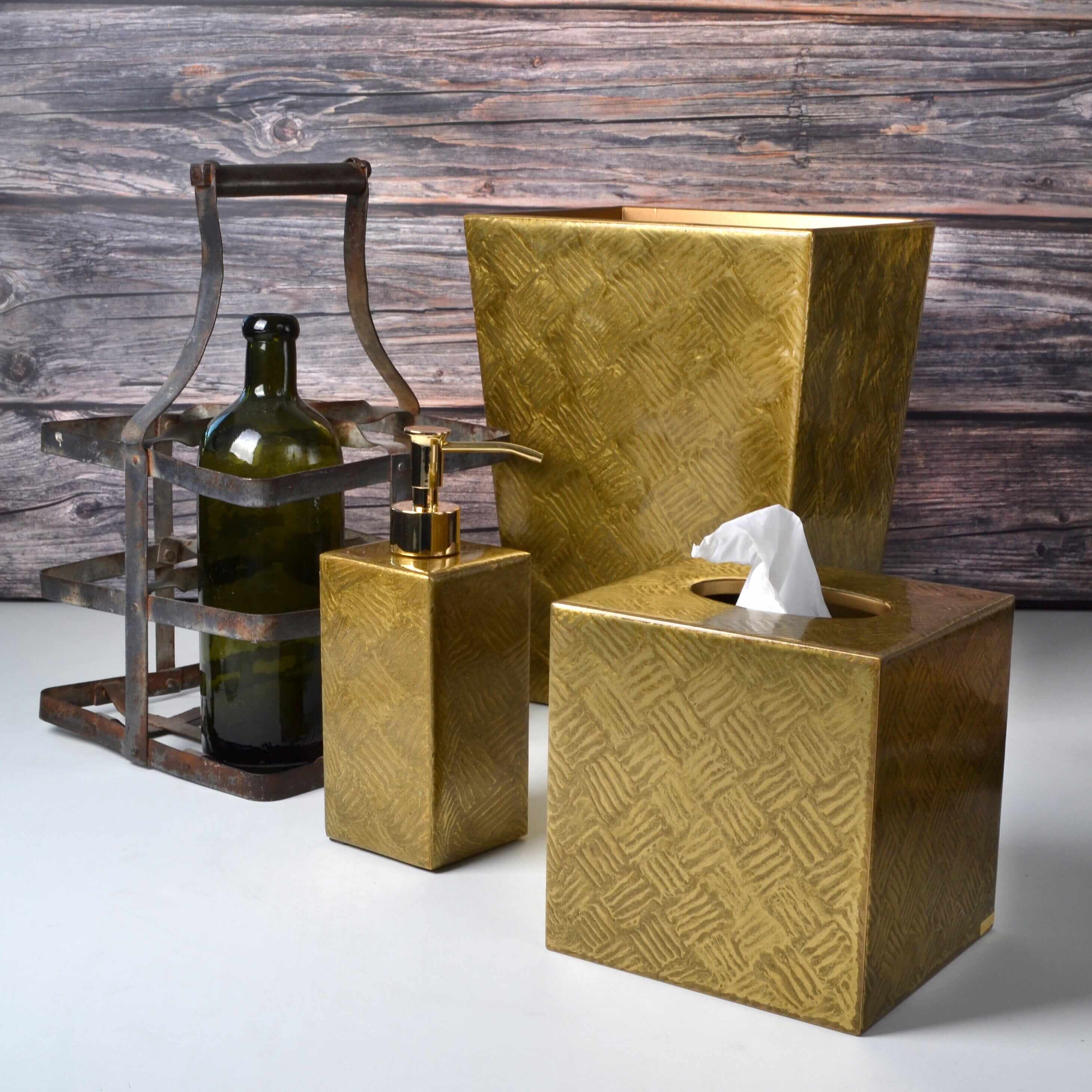 Tilly Set of Wastevbasket, lotion pump and tissue boutique cover  hand enameled in gold metallic in a wave pattern