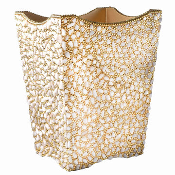 Ambrosia scalloped wastebasket with semi precious white quartz stones and gold crystals